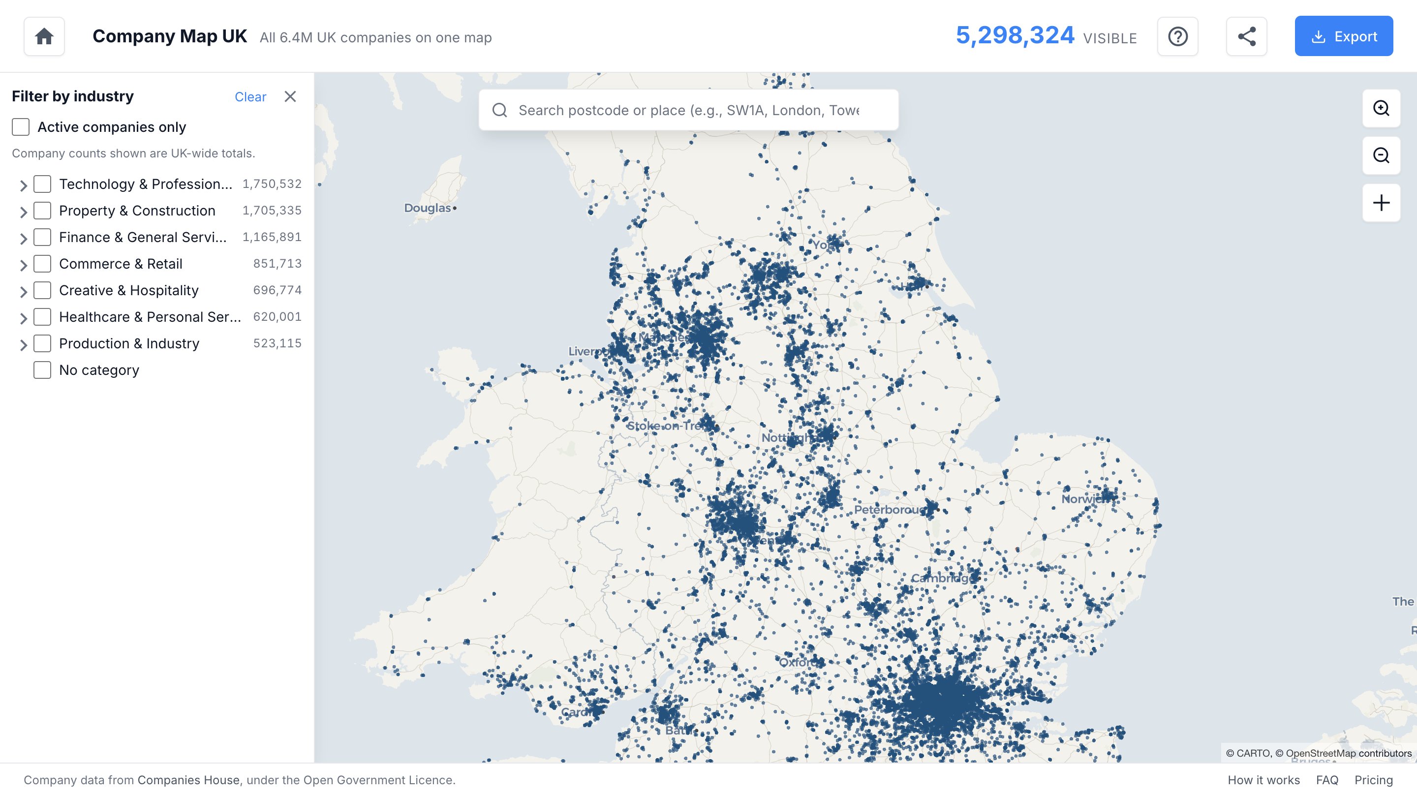 The redesigned Company Map: navy company points on a warm paper base map of England and Wales.